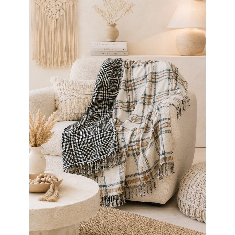Pottery Barn Reversible Plaid Throw Blanket Fringe Black White Tan 50x60